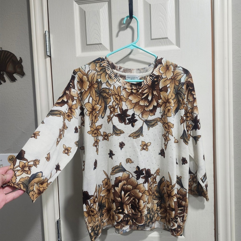 Rebecca Malone Petite Floral Rhinestone Sweater PXL Brown Tan White 3/4 Sleeve